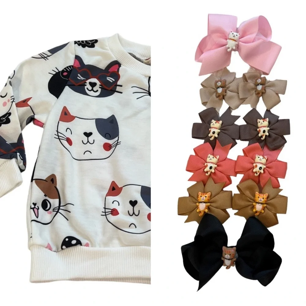 Girls Kitty Cat top shirt pullover crew neck with matching hair bows.
